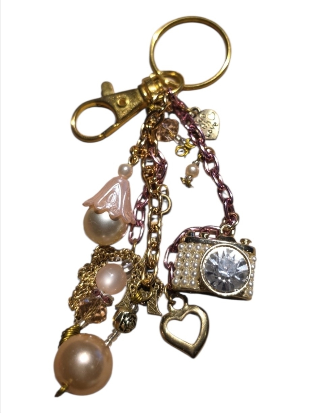 Gold & Pink Pearl Camera Charm Keychain/Purse Charm One Of A Kind Handcrafted